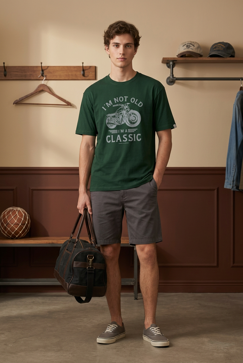Classic Bike Cotton Graphic Drop Shoulder T-Shirt - Forest Green