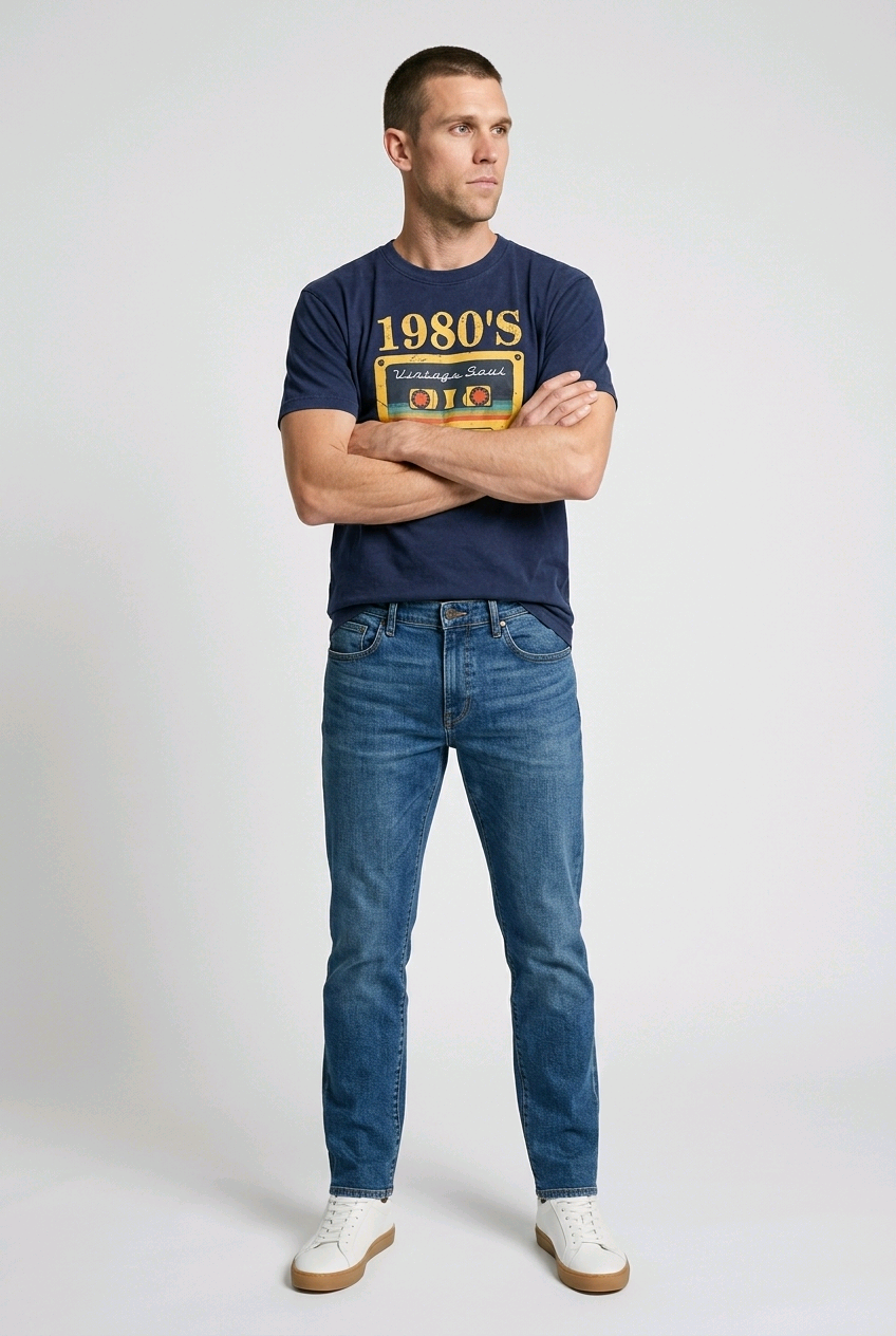 Klassisk 80'er-T-shirt i bomuld med grafisk tryk og droppede skuldre - Marineblå