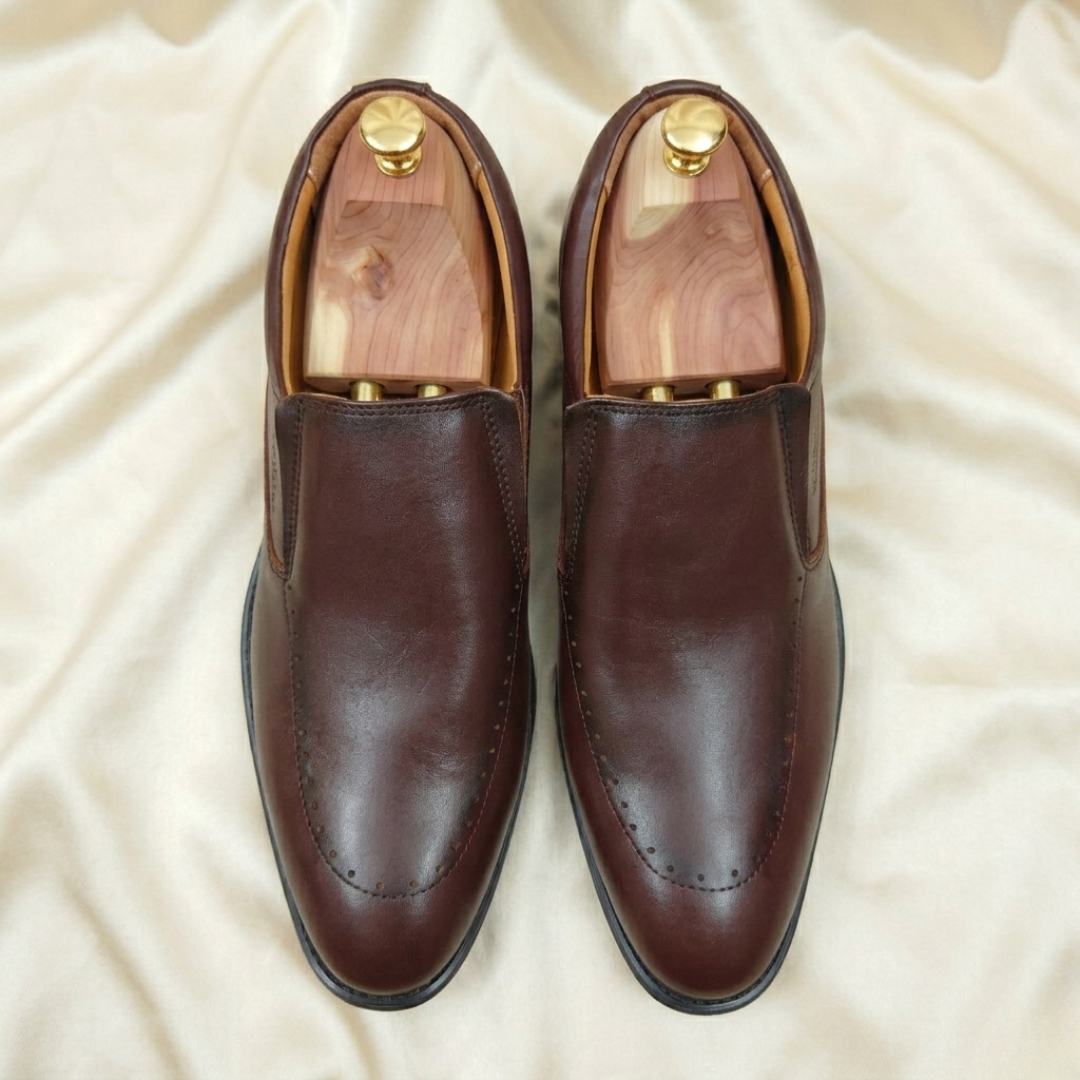 Walkist Premium Leather Brogue Slip-On Shoes - Dark Brown