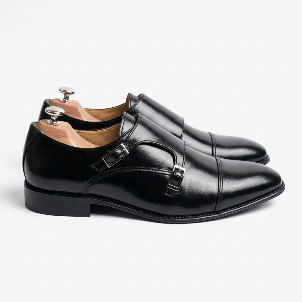 Walkist Original Leather Double Monk Strap Shoes - Black