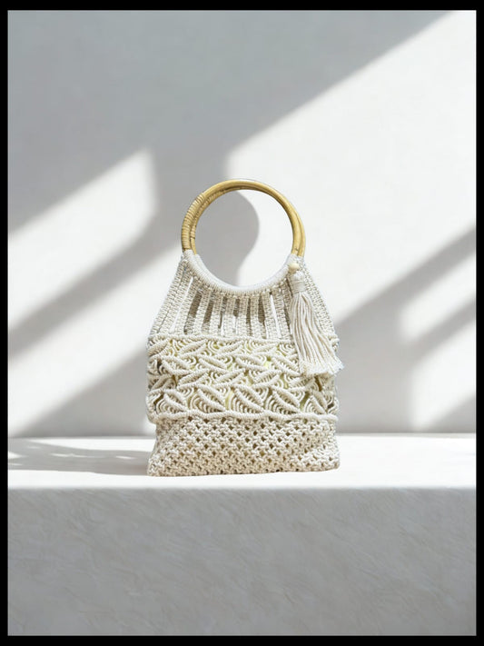 MACRAME BAG WITH CANE HANDLE